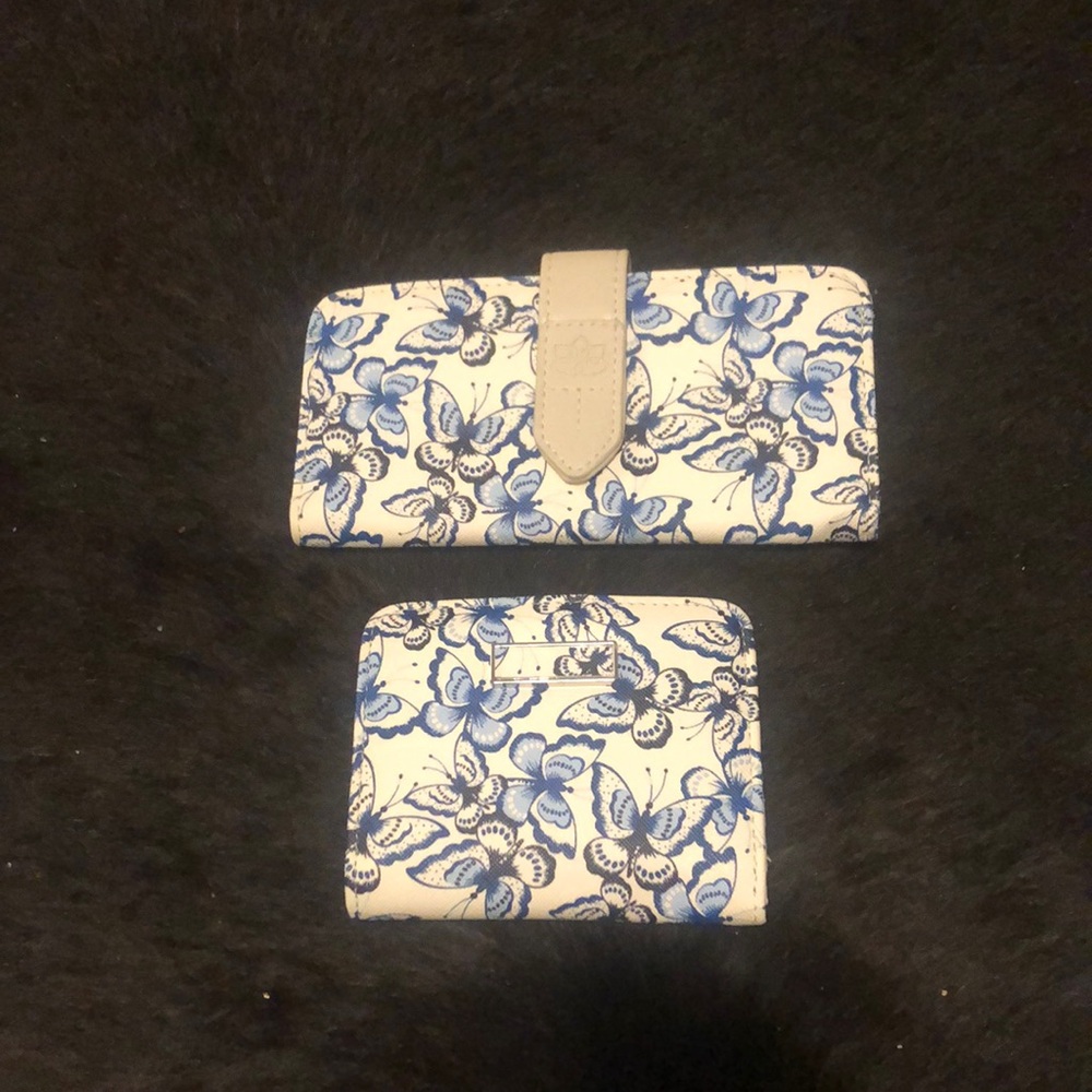 Credit Card Holder and Small Wallet Pair With Blue and White Colored Butterflies
